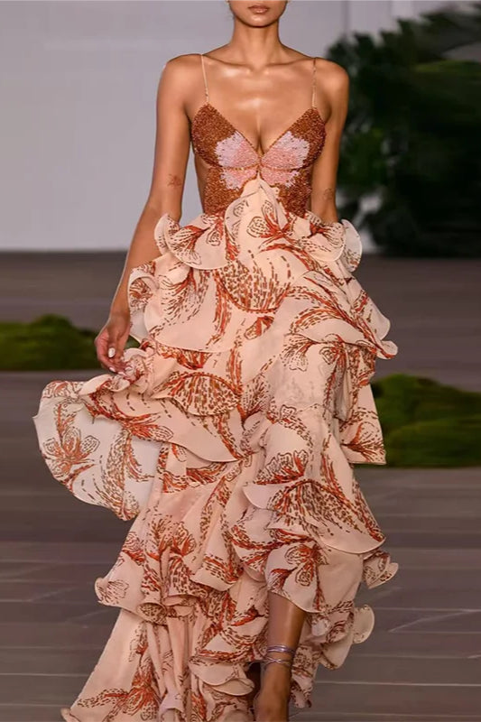 Chic V Neck Pleated Boho Dress