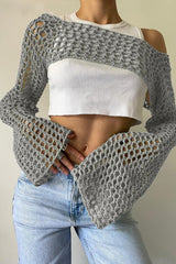 Sexy Sheer Crochet Bell Sleeve Crop Top