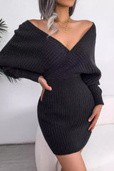 Cross V-Neck Batwing Fitted Sweater Dress S / Black