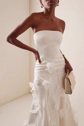 White Strapless 3D Floral High Waist Prom Dress