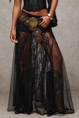 Lace Print Sheer Low Waist Maxi Boho Skirt
