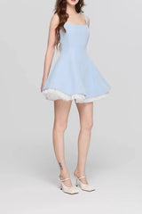 Square Neck Mesh Panel Mini Dress