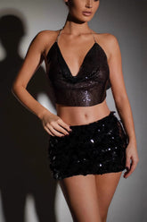 Sequin Halter Backless Crop Top