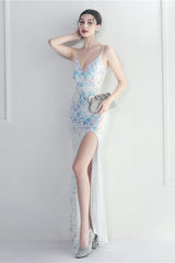 Iridescent Sequin Slit Bodycon Maxi Dress