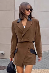 Brown Tweed Two Piece Blazer Skirt Set