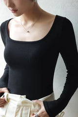 Square Neck Ribbed Stripe Panel Knit Top