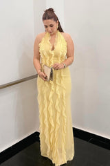 Solid Halter Deep V Back Lace Detail Long Prom Dress