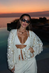 Tie Front Sequin Long Sleeve Blouse