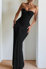 Ribbon Strapless Corset Maxi Evening Prom Dress