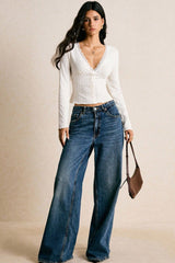 Slim Fit Long Sleeve Lace V Neck Blouse