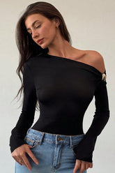 Asymmetric Neckline Metal Button Knit Top