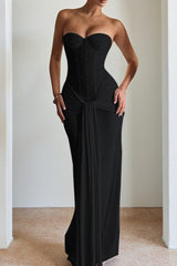 Ribbon Strapless Corset Maxi Evening Prom Dress