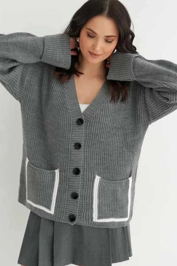 Color Block Pocket Cardigan S / Grey