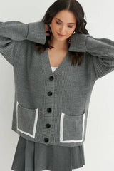Color Block Pocket Cardigan S / Grey