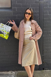 Checkered Lapel Midi Trench Overcoat