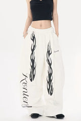 Vintage Flame Print Detachable Tie Curved Sweat Pants
