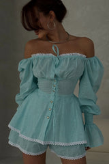 Lantern Sleeve Lace Up Off Shoulder Top Two Piece Shorts Set