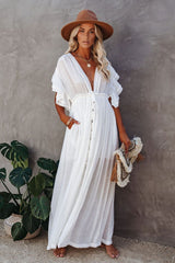 Button Front Drawstring Waist Maxi Boho Dress