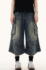 Multi Pocket Ruched Cargo Relaxed Straight Jeans