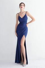 Long Satin Slit Halter Sheath Formal Dress