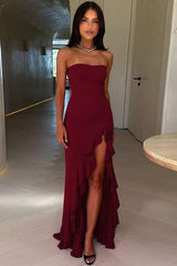 Ruffled Bustier Side Slit Formal Dress S / Red