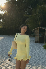 Solid Long Sleeve Crew Neck Ruffled Fitted Waist Sweater Dress