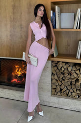 Pink Knit Sleeveless Cardigan Crop Top High Waist Skirt Set