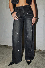 Rhinestone Embellished Wide Leg Jeans