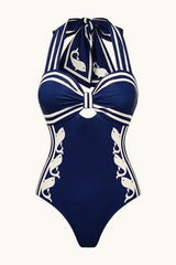 Navy Halter Strappy High Waist One Piece Swimwear