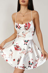 Sexy Christmas Print Drawstring Open Back Spaghetti Mini Dress