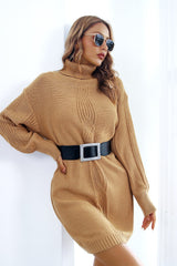 Cable Knit Turtleneck Sweater Dress S / Khaki