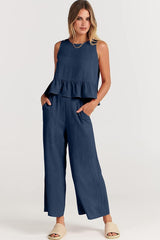 Ruffle Back Button Crop Two Piece Pants Set