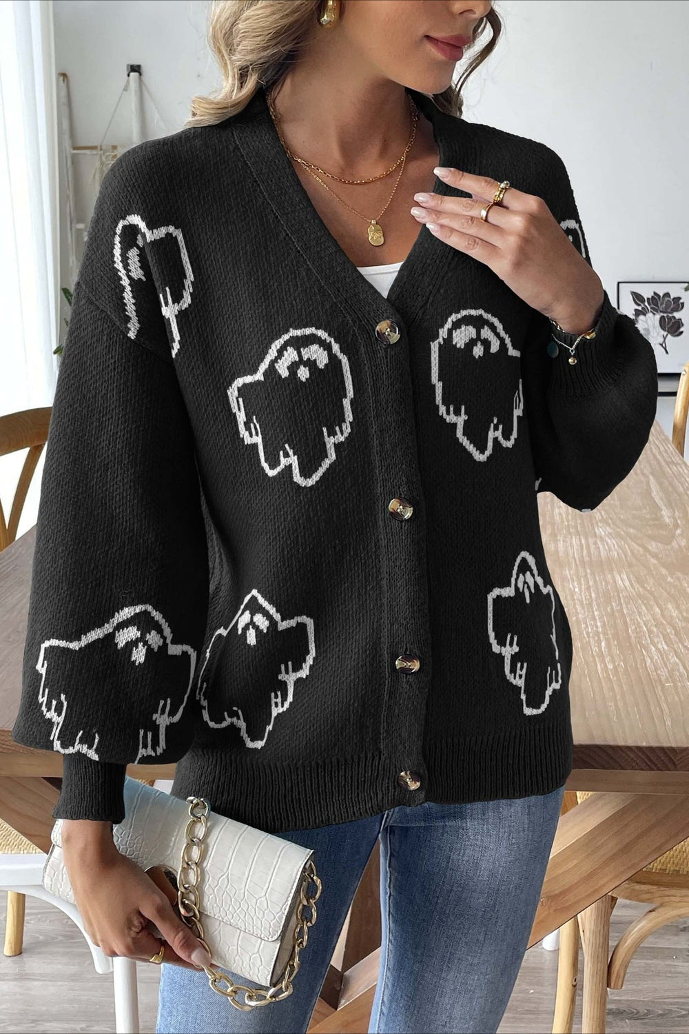 Jacquard Button Cardigan S / Black