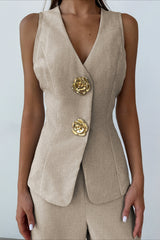 Breathable Linen Style Vest Wide Leg Pants Set
