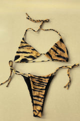 Sexy Leopard Print Backless Halter Tie Bikini Set