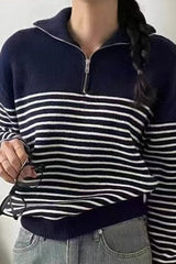 Striped Half Zip Knit Pullover Sweater Navy blue / One Size