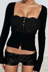 Black Square Neck Buttoned Cardigan