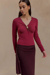 Wine Red V Neck Bodycon Long Sleeve Tee