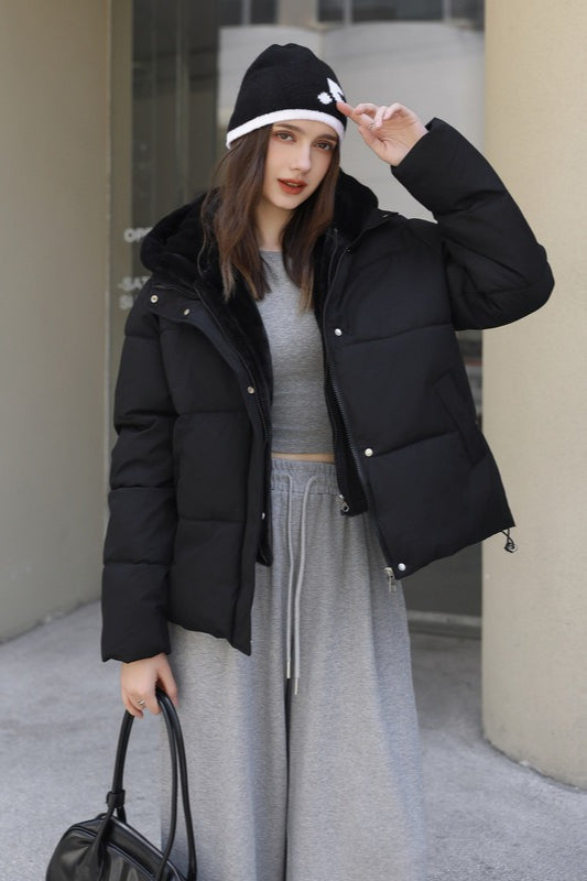 Faux Fur Panel Cropped Puffer Jacket