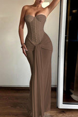 Ribbon Strapless Corset Maxi Evening Prom Dress