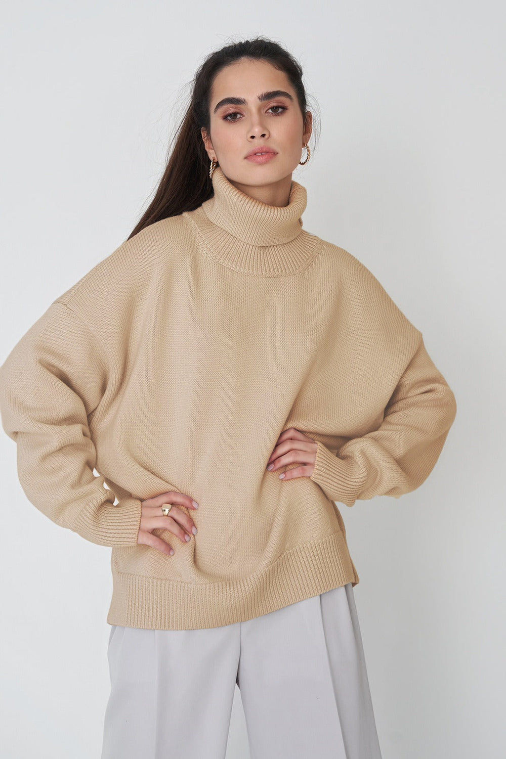 Basic Solid Knit Turtleneck Sweater Khaki / S