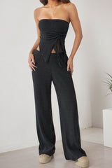 Sexy Wrap Front Split Hem Top Straight Pants Set