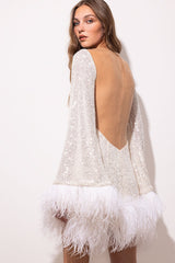 Long Sleeve Feather Sequin Mini Dress