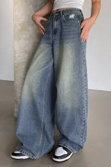 Long Wide Leg Washed Blue Ripped Relaxed Jeans