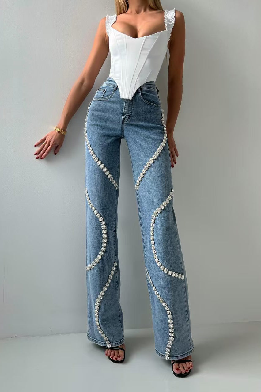 Rhinestone Patch Straight Leg Jeans Blue / S