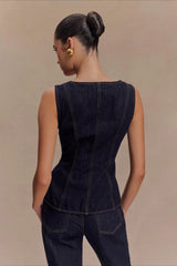 Button Front High Waist Denim Two Piece Vest Pants Set