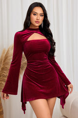 Ruched Silk Shiny Halter Asymmetric Mini Dress