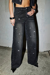 Rhinestone Embellished Wide Leg Jeans