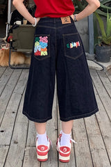 Color Letter Print Loose Fit Denim Shorts