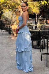 Solid Ruched Tiered Strapless Slim Fit Elegant Prom Dress